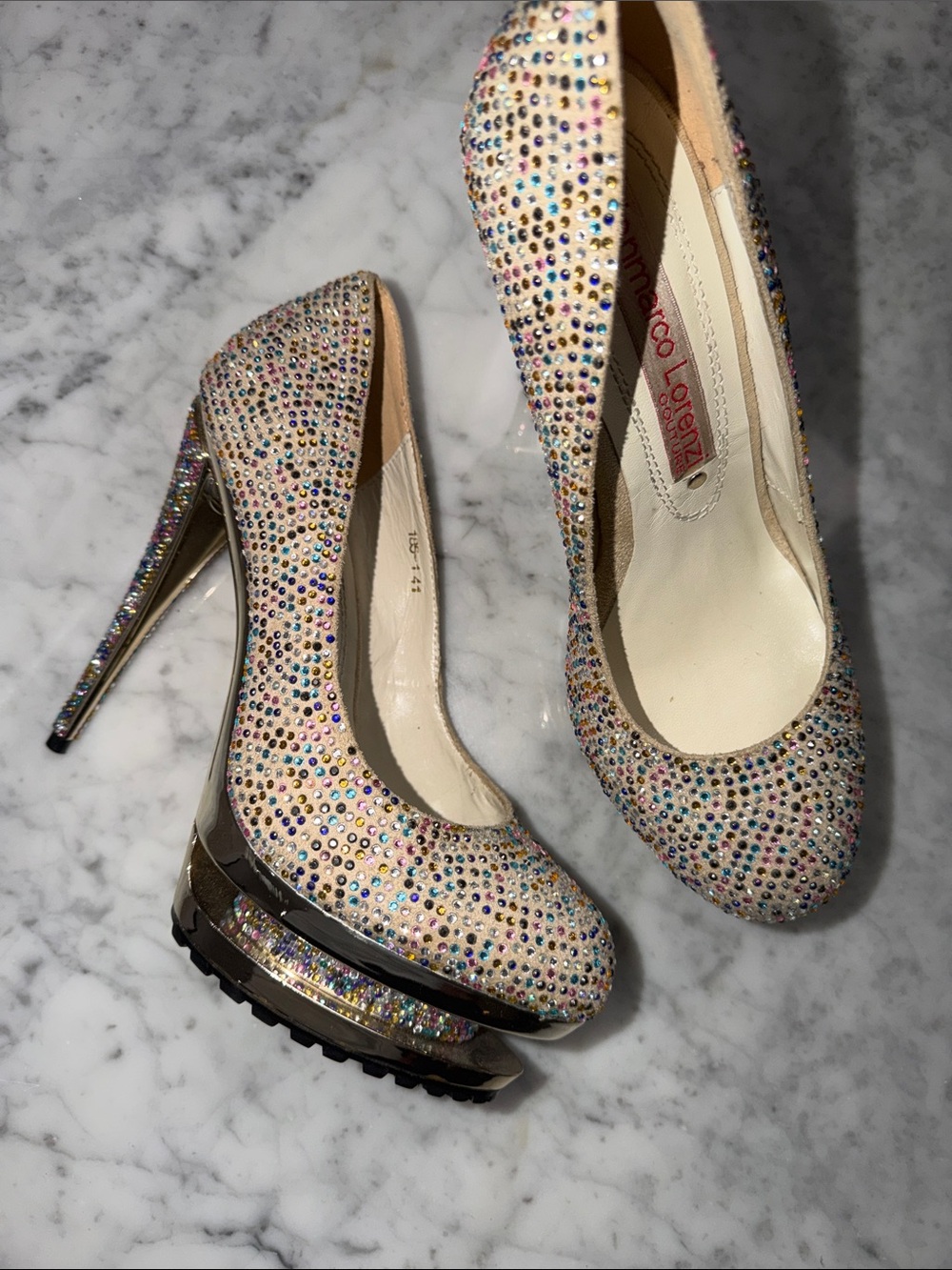 Gianmarco Lorenzi Discoball Gold Swarovski Crystal Platform Stiletto Size 11